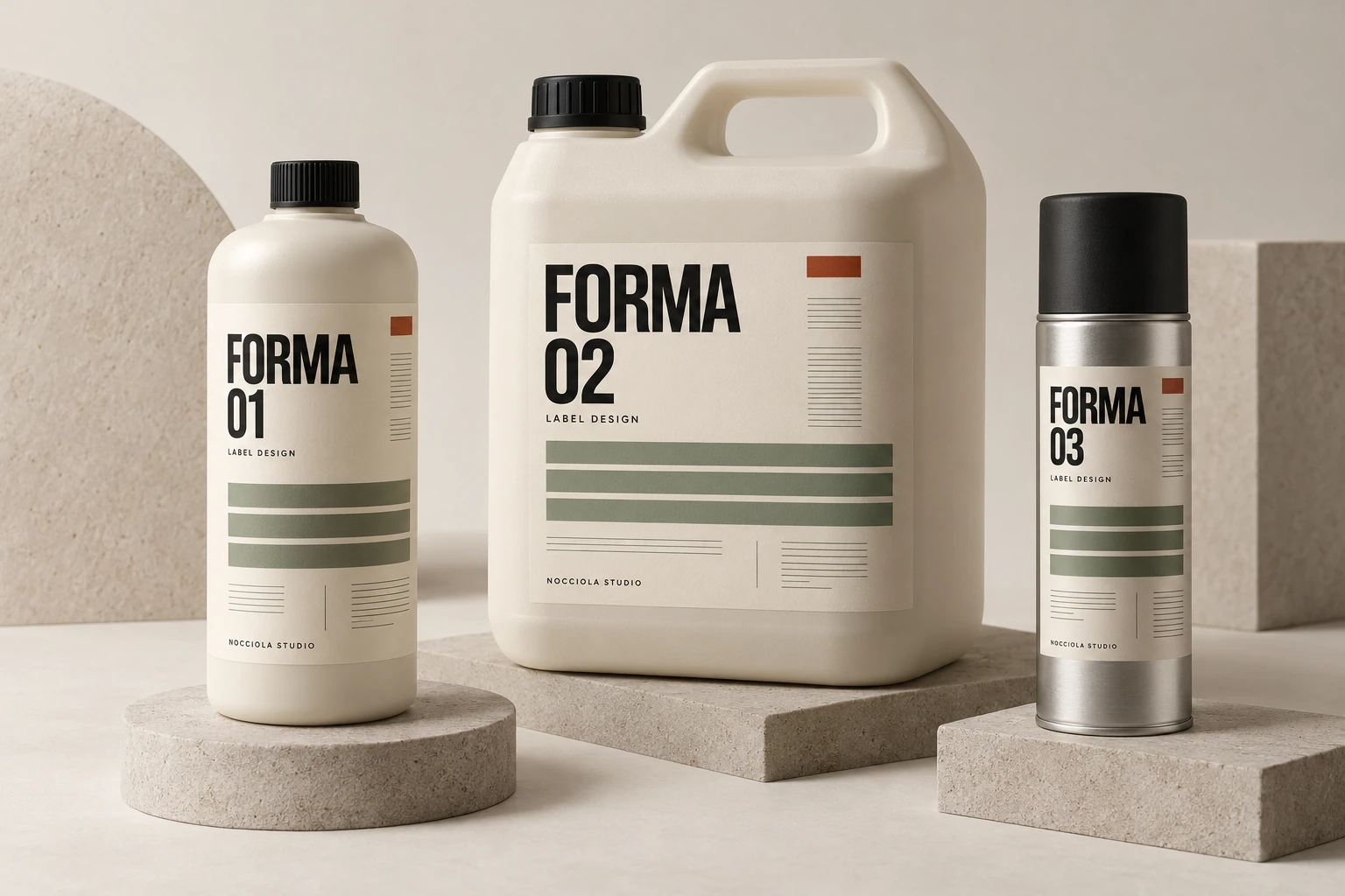 Etichette coordinate applicate a flacone, tanica e spray: concept di label design