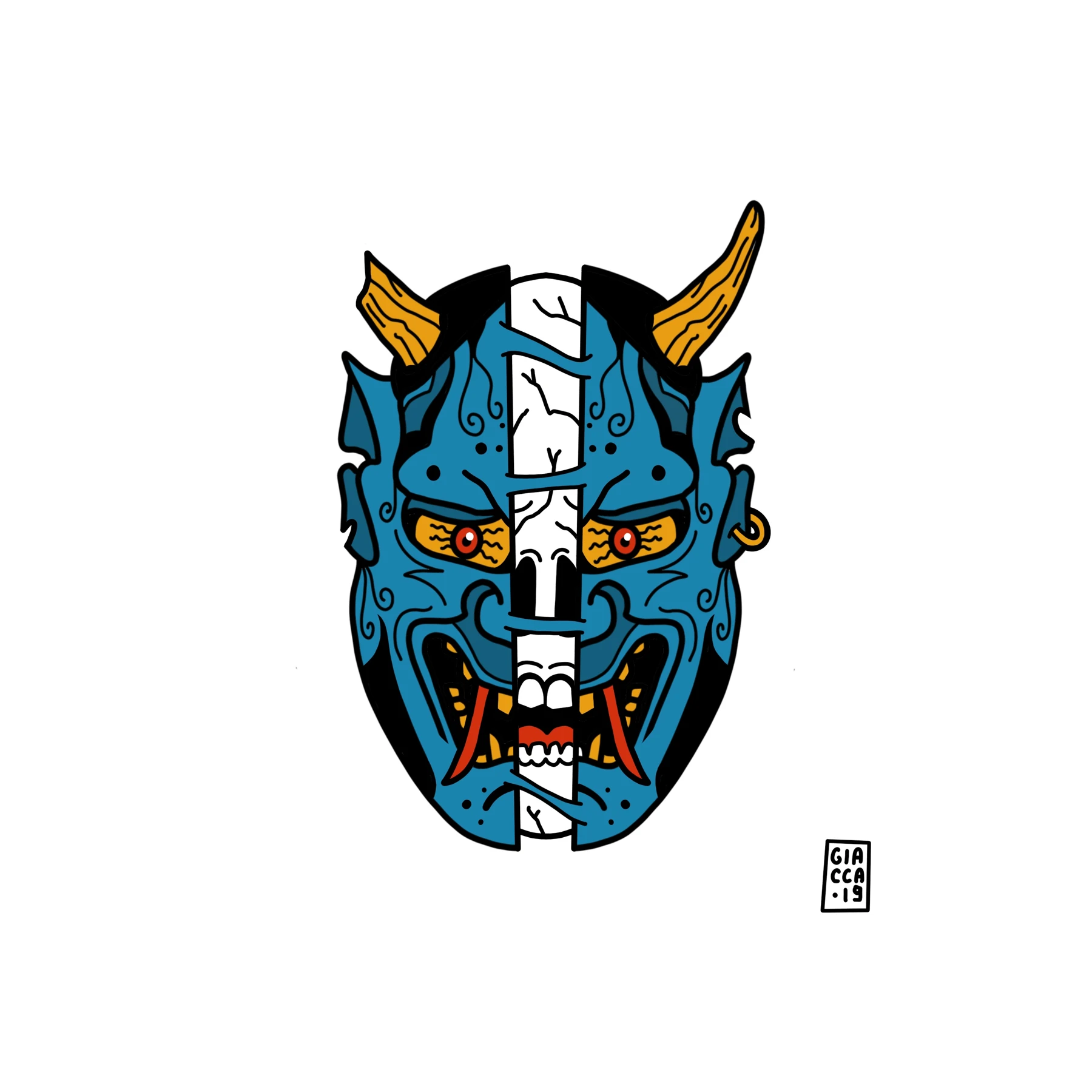 Mask: maschera illustrata blu, con dettagli gialli e rossi