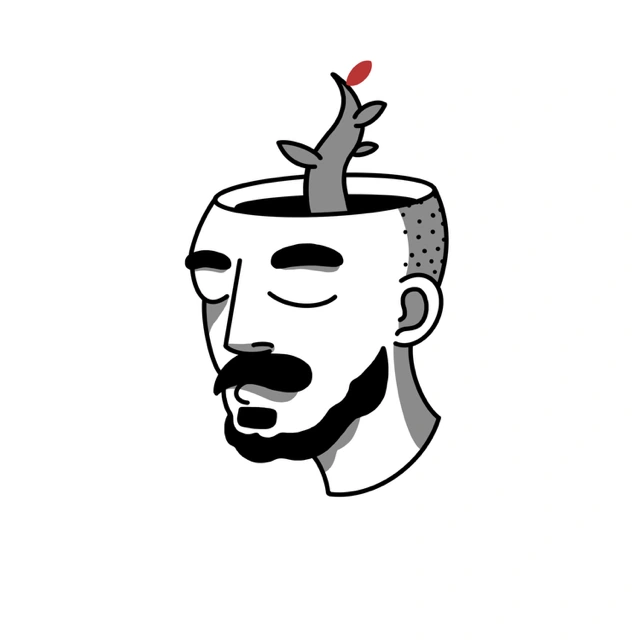 Studio 02: testa illustrata con un ramo spinoso e un piccolo accento rosso